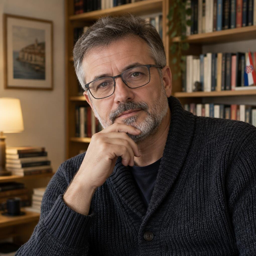Middle-aged Croatian man with glasses sitting thoughtfully in a home library