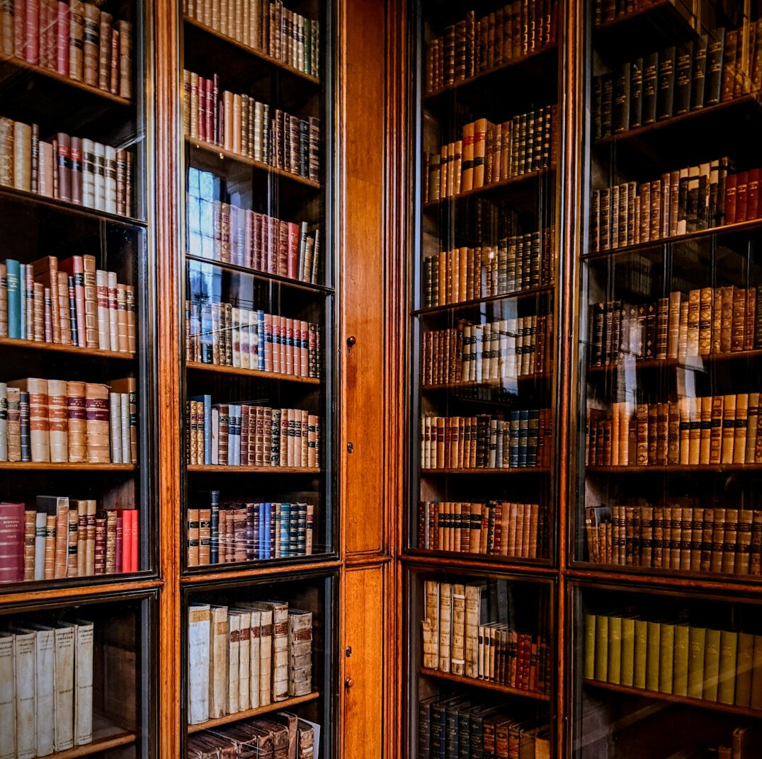 library bookshelves with mystery books