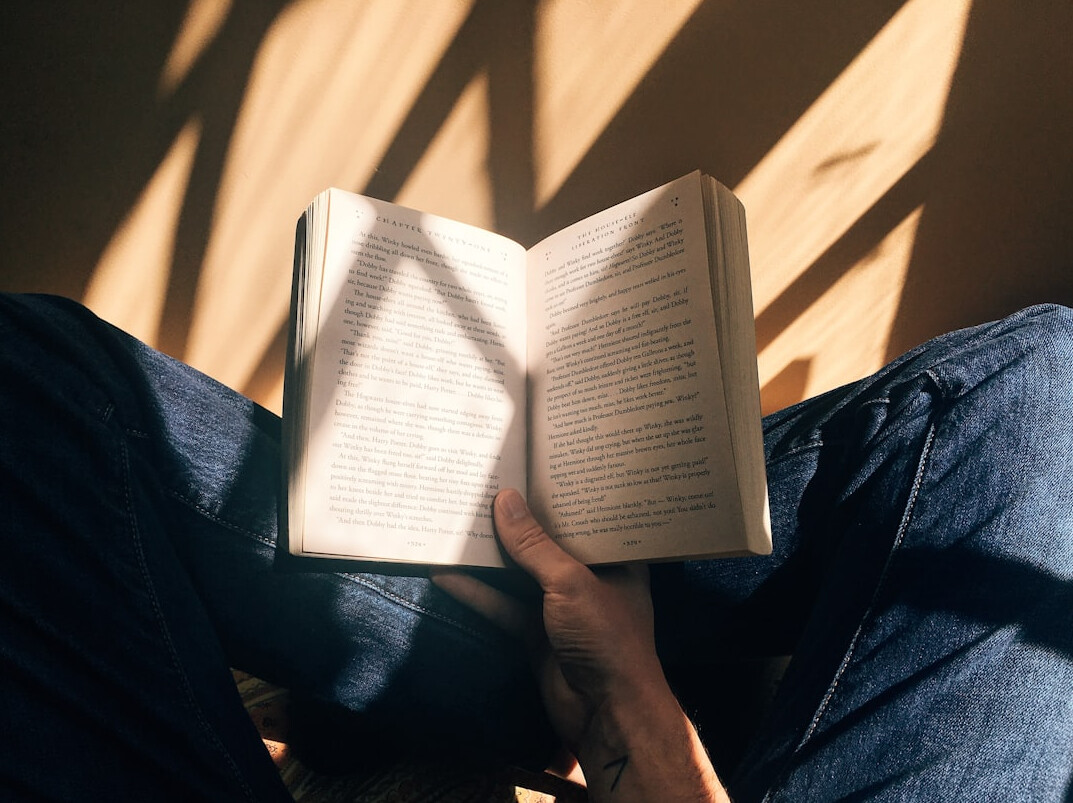 person reading mystery book