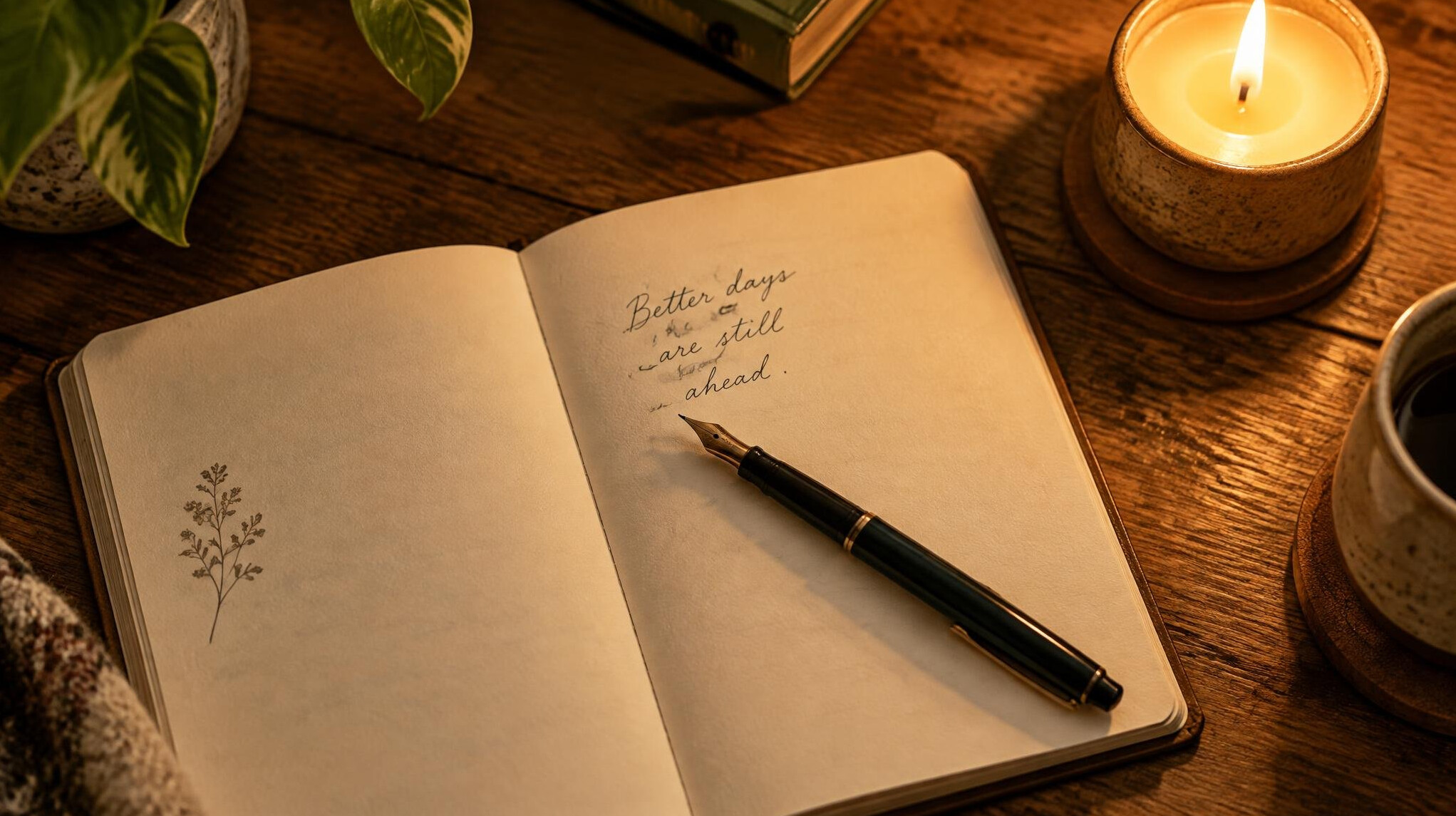 Open notebook with a fountain pen and a lit candle on a wooden table