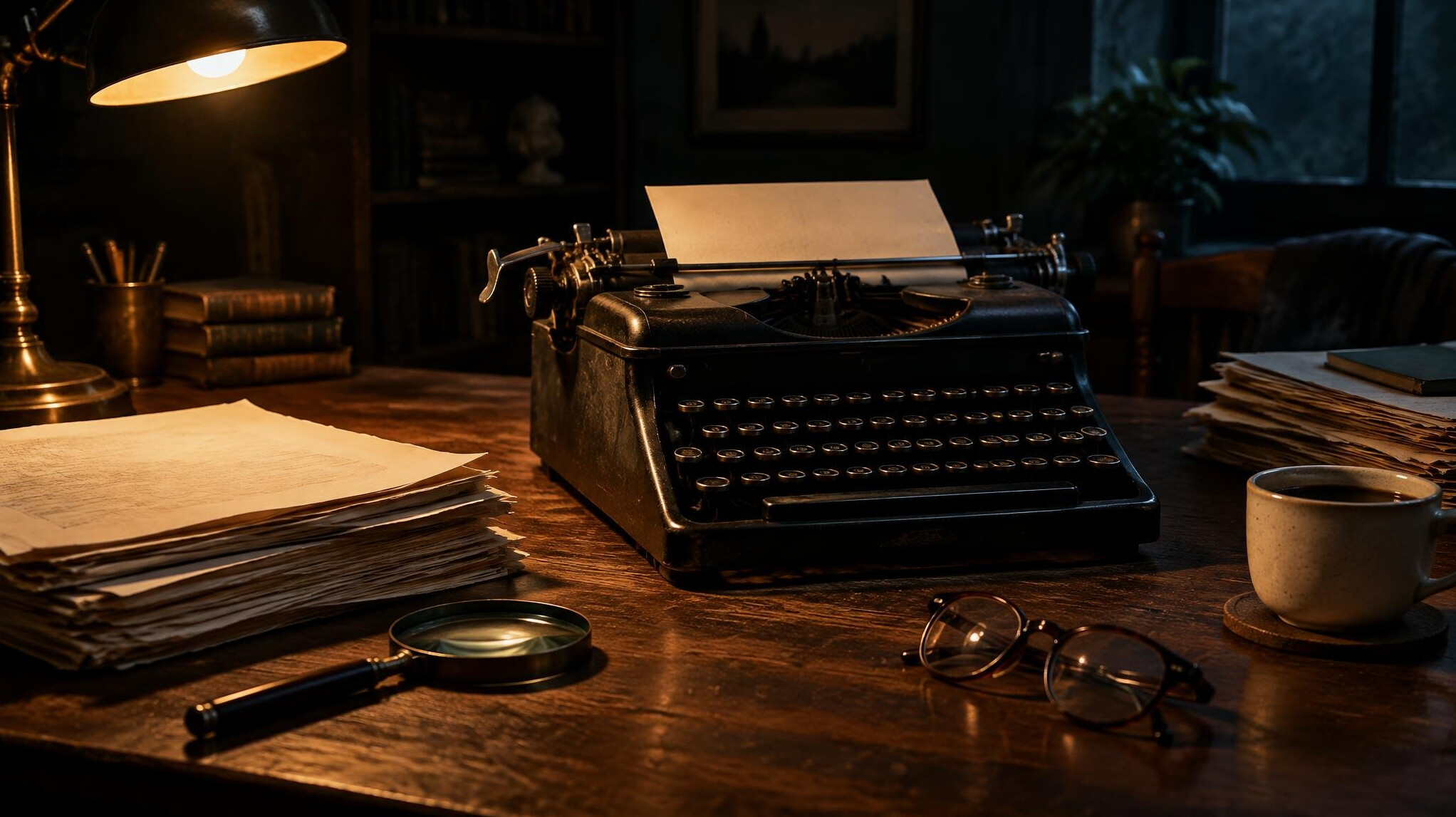 Vintage typewriter with manuscript pages on a wooden desk